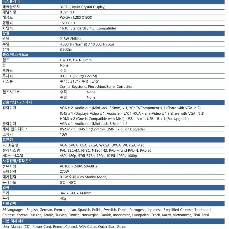 단초점 미개봉 빔프로젝터