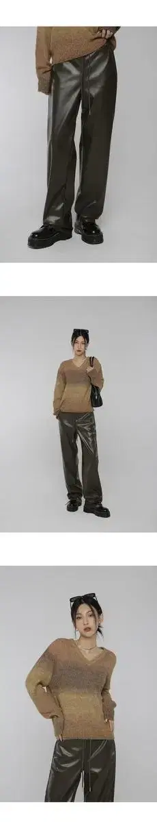 Black Up Closure Leather Banded Trousers Khaki F