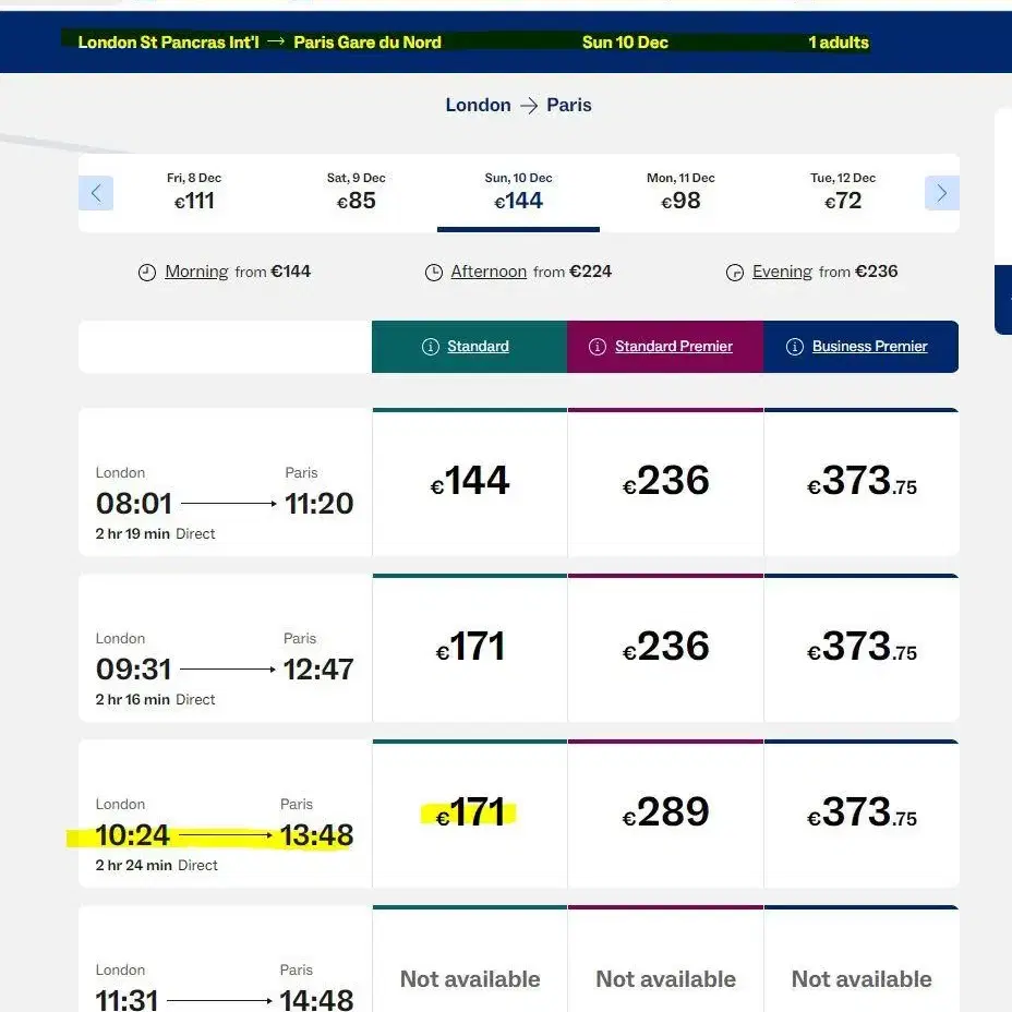 12/10 런던출발 (10:24) -> 파리 (13:48) 유로스타 (이