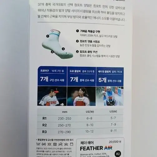 페더 에어 발목보호 초경량 스포츠 양말 250~270 에 적합