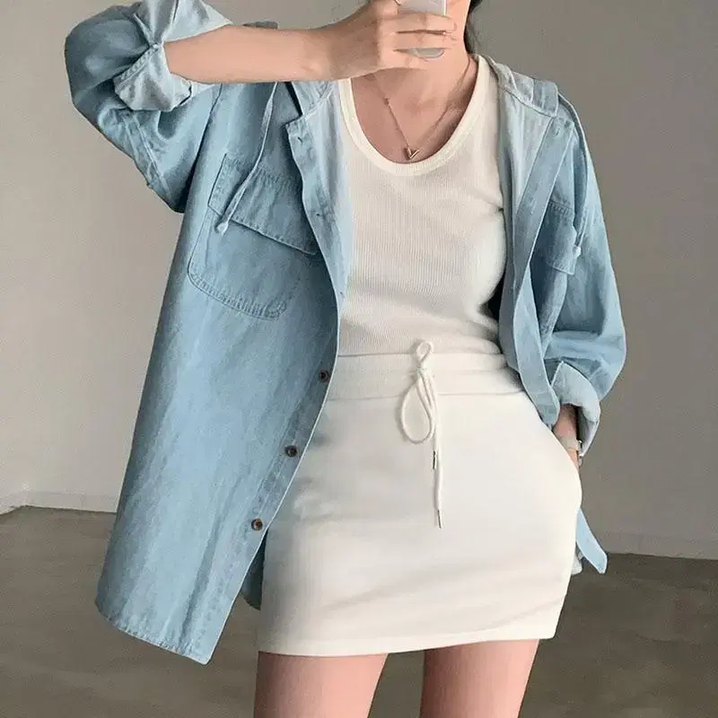 Loose-fitting denim kara Hoodie (haneul, blue)