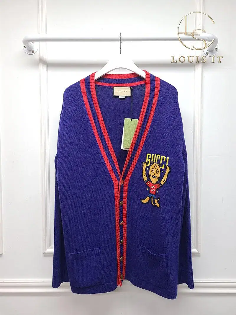 [M] Gucci Navy Intarsia Cat Embroidered Logo Cardigan