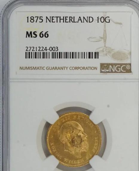 Gold Coin Netherlands 1875 NGC MS 66 10 gulden gold coin