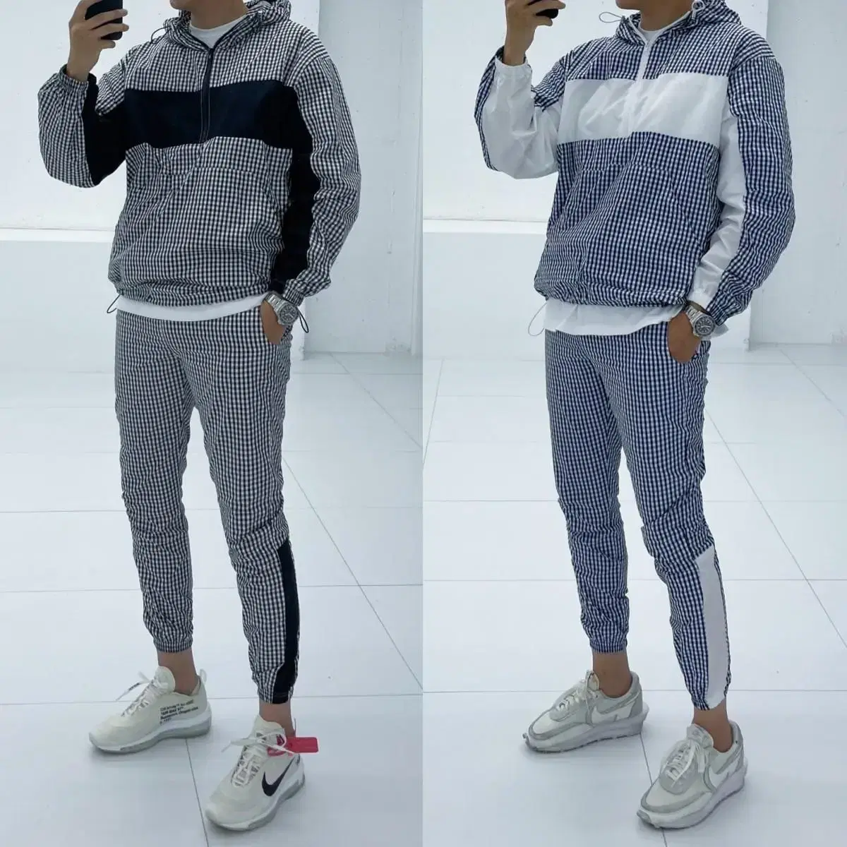 Free shipping check horizontal color anorak,jogger pants training set chuu training set