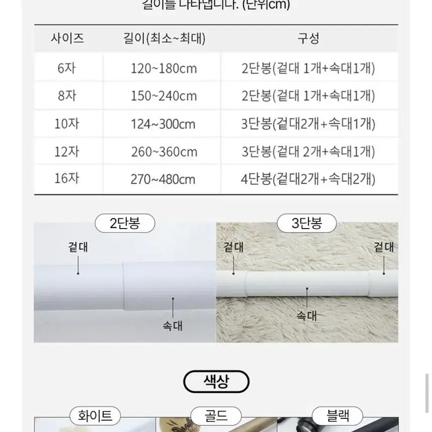 커튼봉 35mm 블랙 12자 (260~360cm) 새상품 링 포함