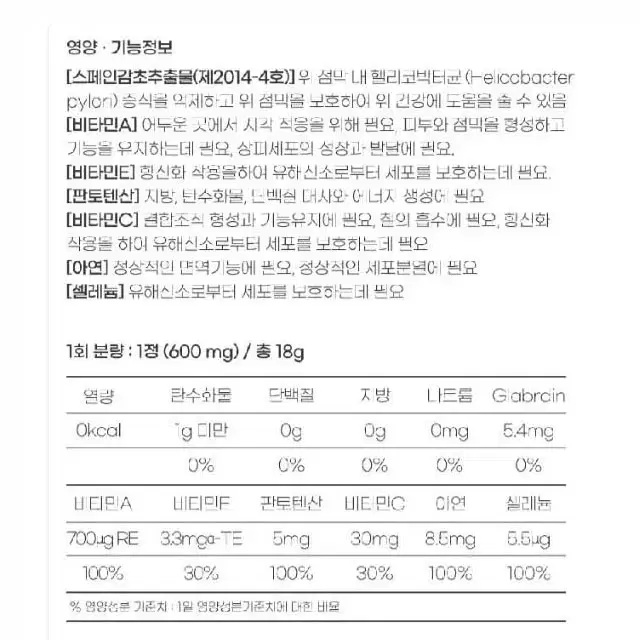 프리미엄 위건강 헬리코박터케어 600mg x 30정