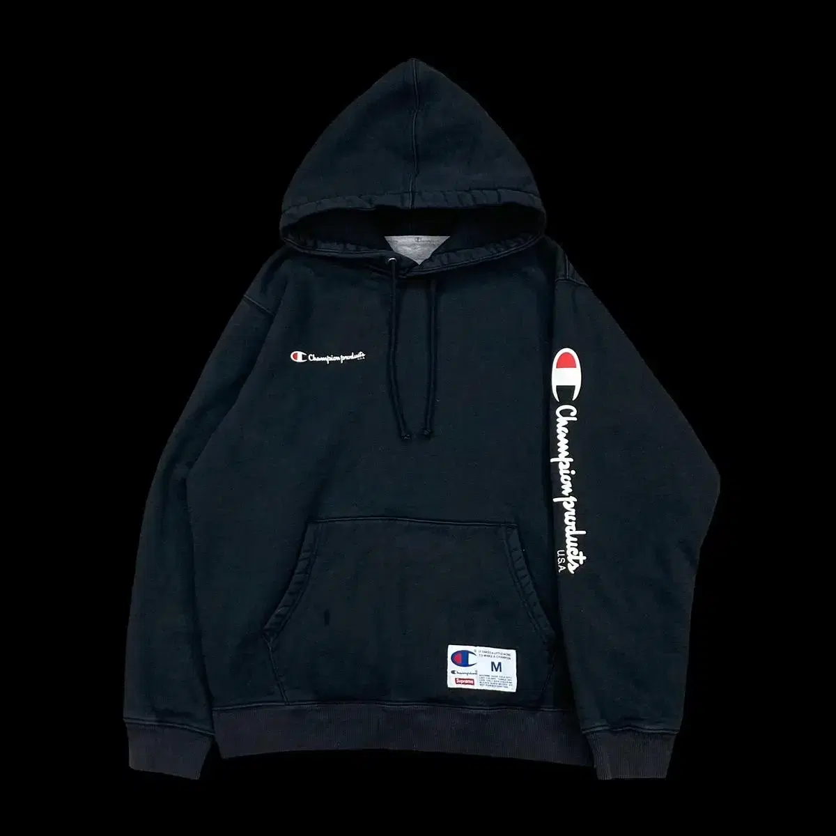 [M] SUPREME X CHAMPION 16FW 블랙 헤비 후드티