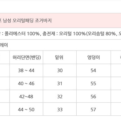 겨울 방한 오리털 덕다운 심리스 패딩 조거바지 방수 팬츠