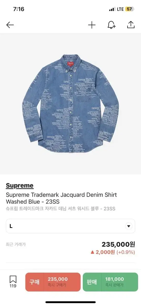 Supreme Trademark Jackquad Denim Shirt Washed bloo L