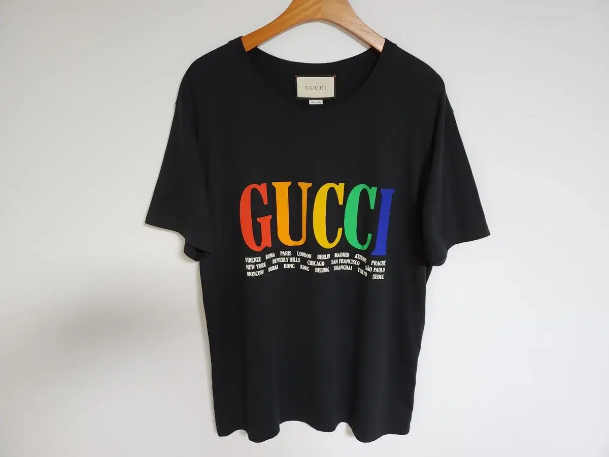 [L] Gucci Black Rainbow City Logo Short Sleeve T-shirt