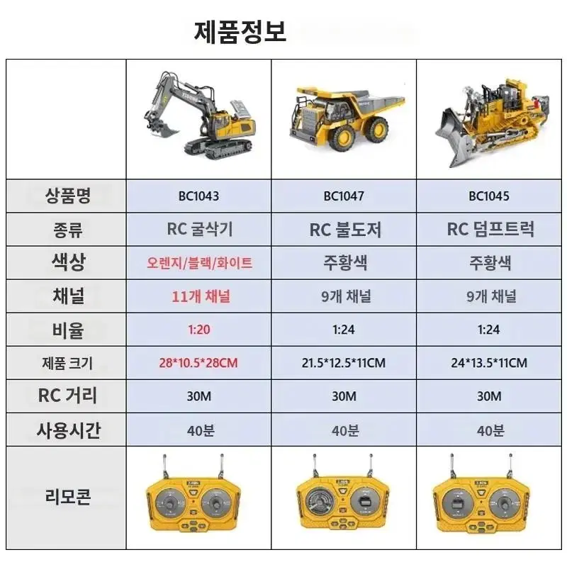 합금 RC 포크레인 중장비 장난감 무선 조종