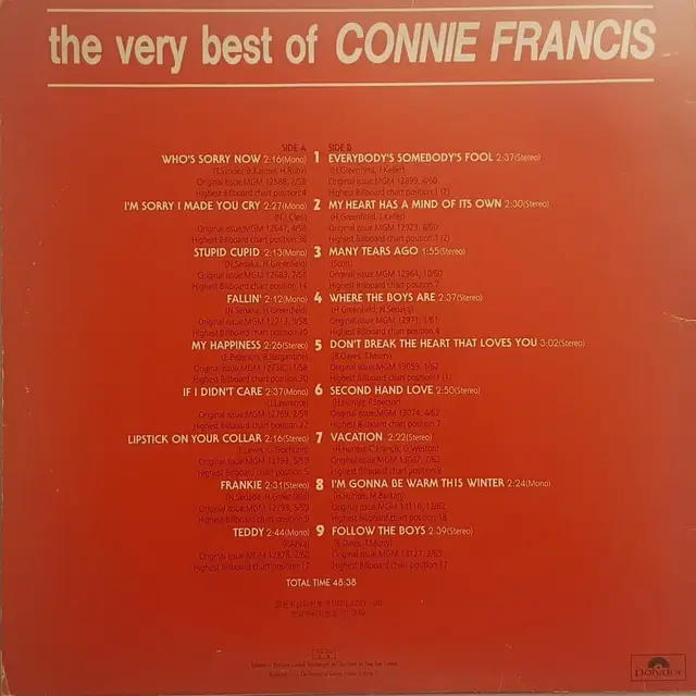 Pop/국내라이센스반/카니프란시스(Connie Francis) LP