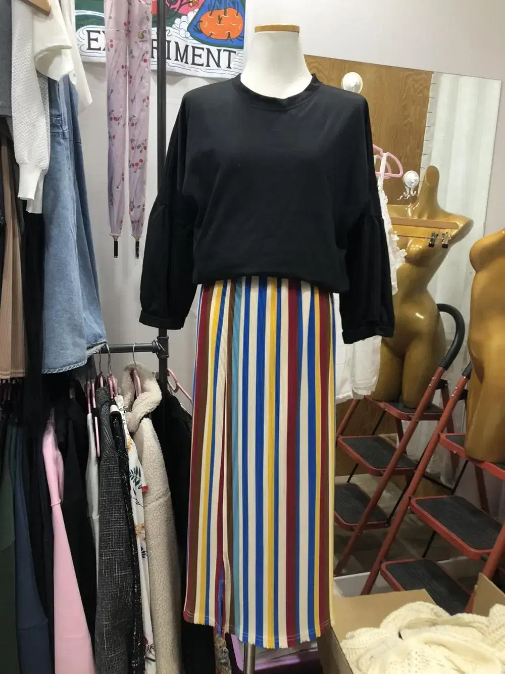 55-66 Unique Pleated Vivid Rainbow Trim Skirt with Pleats