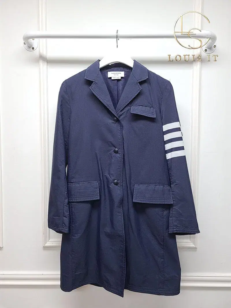 [38] Thom Browne Navy Diagonal Hidden Nylon Long Coat