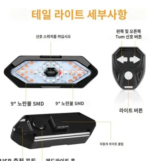 무선 경고 후미등 방향 지시등 USB 충전식 자전거 비상등 LED