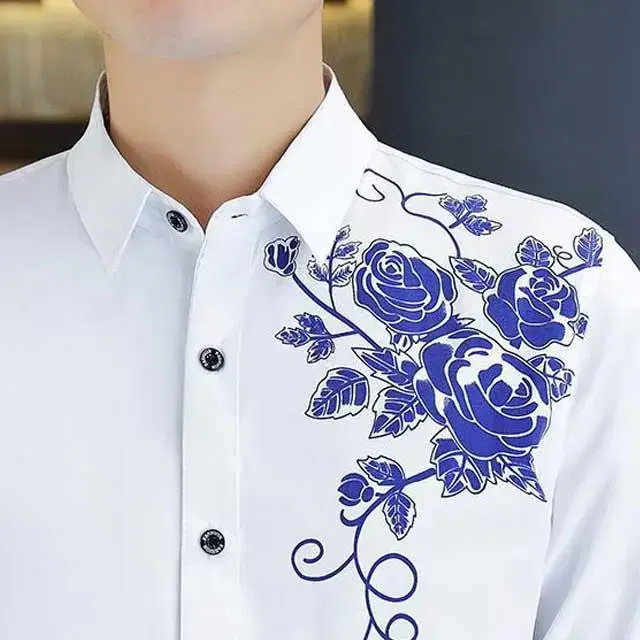 Seshop 1852 Rose Print Men's Long Sleeve Cotton Shirt White 105 - 2pcs