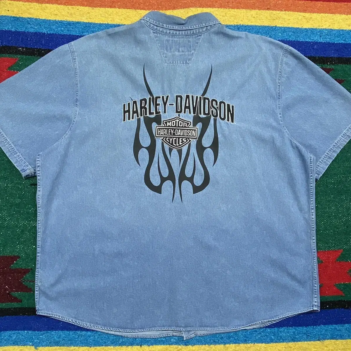 Large Rare 00s USA Vintage Harley-Davidson Flames Short Sleeve Denim Shirt