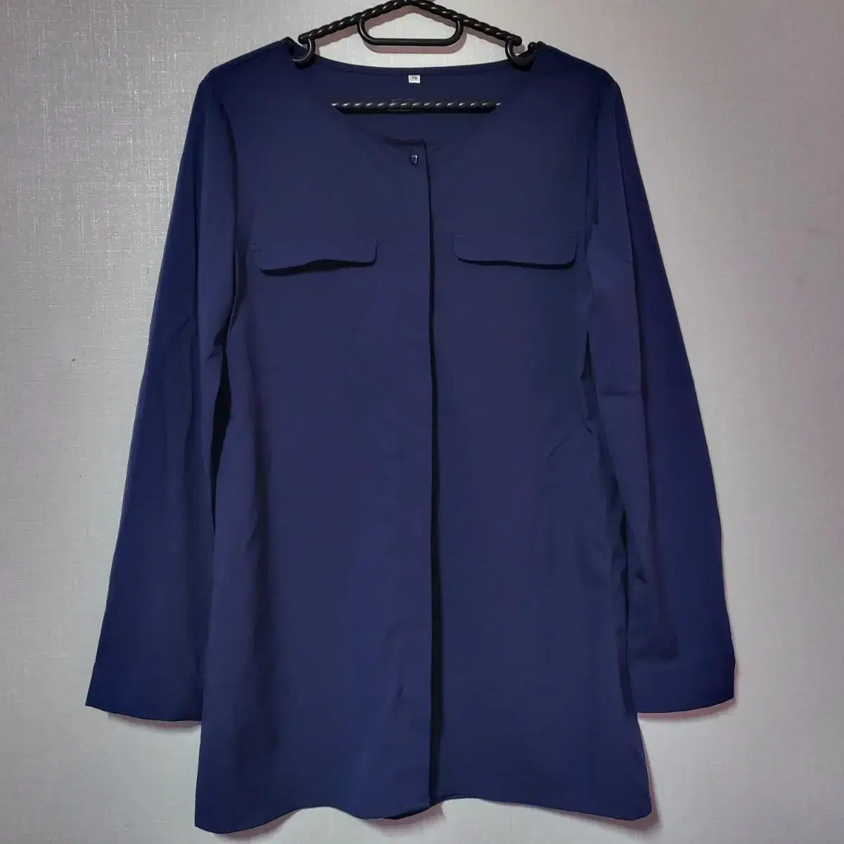 90 Size Navy Round-Neck Long-Sleeve Shirt Button-Down Blouse