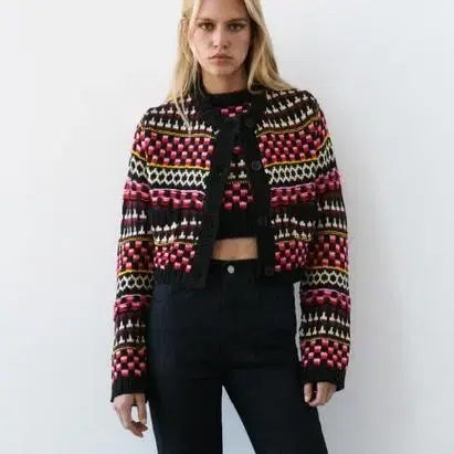 Zara Jacquard Knit Cardigan Jacket Pink Crochet Knit Pattern Cropped
