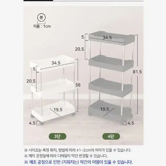 다용도 이동식 틈새선반 바퀴달린 틈새수납장 물건 정리함 3단 4단