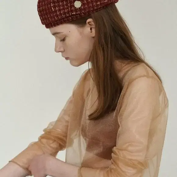 포에지담 Dome Beret_tweed red&gold