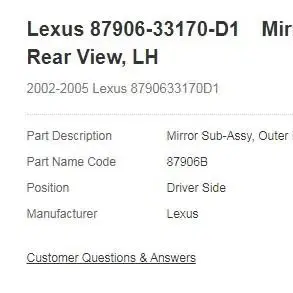 2002-2005 Lexus Mirror Sub-Assy