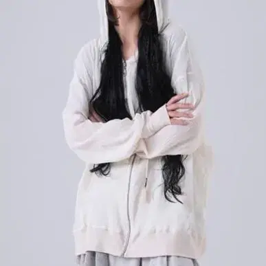 Oversized see-through hood zip-up_cream