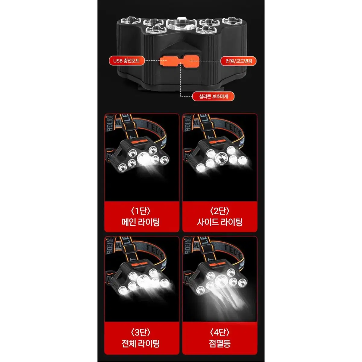 고성능 충전식 LED 7구 헤드랜턴 작업등 캠핑등 낚시등 G-474