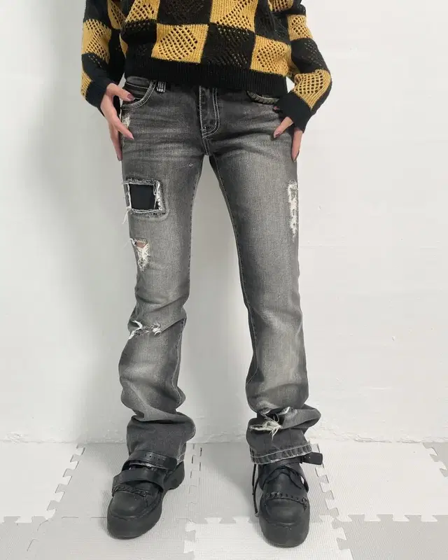 grunge repair boots cut stone denim pant