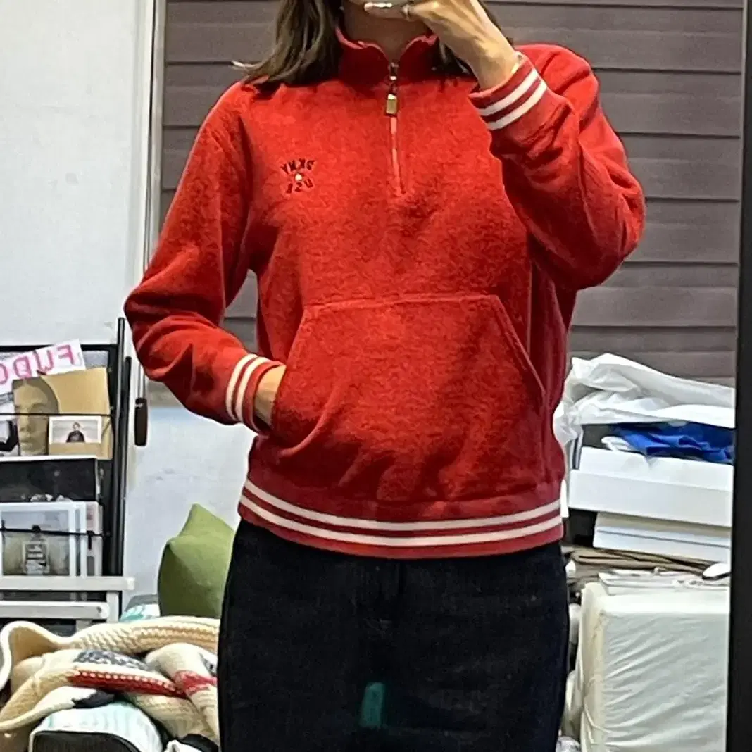 90s 빈티지dkny made in usa 레드 후리스 아노락 미국빈티지