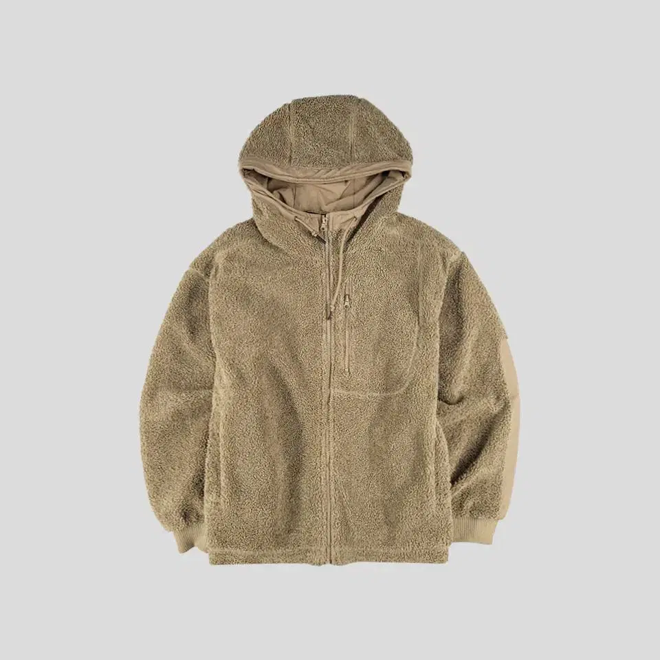 GU Brown Beige Arm Patches Poly Fleece Hoodie Simple Hoodie Zip Up L