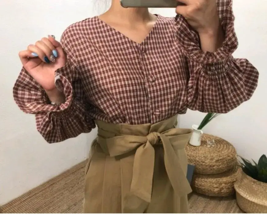 V-NeckConcealedButtonCheck ShirtBlouse