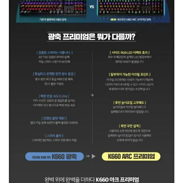 A급 완전방수 앱코 K660 ARC프리미엄 광축키보드 레드색상