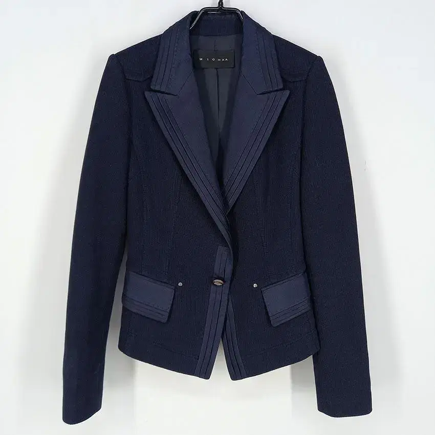 MISSHA Yeo Satin-colored cotton one-button spring-autumn jacket navy (HU17738)