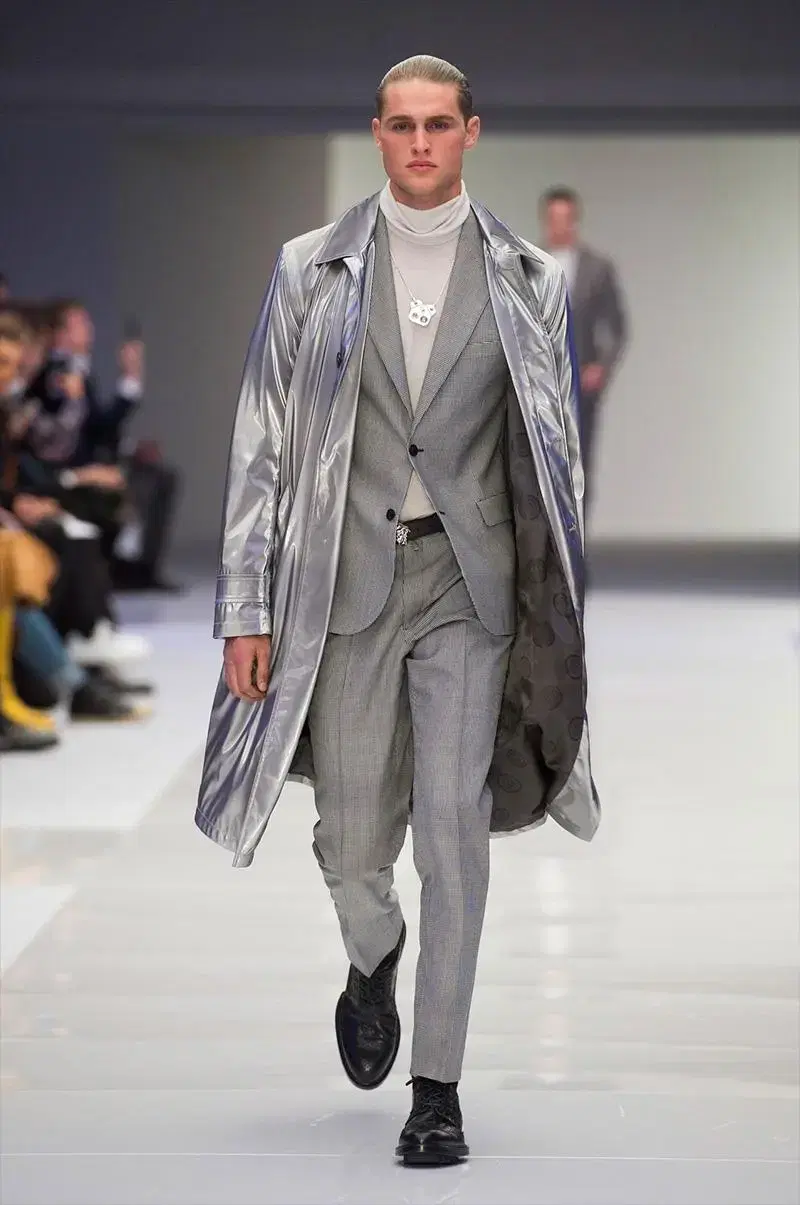 Versace runway silver trench coat