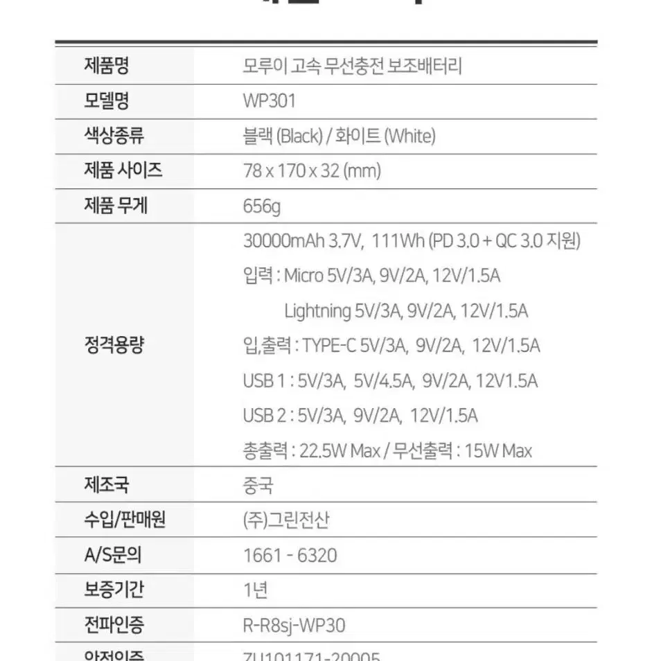 모루이 고속 무선충전 대용량 보조배터리 30000mAh PD22.5W 1