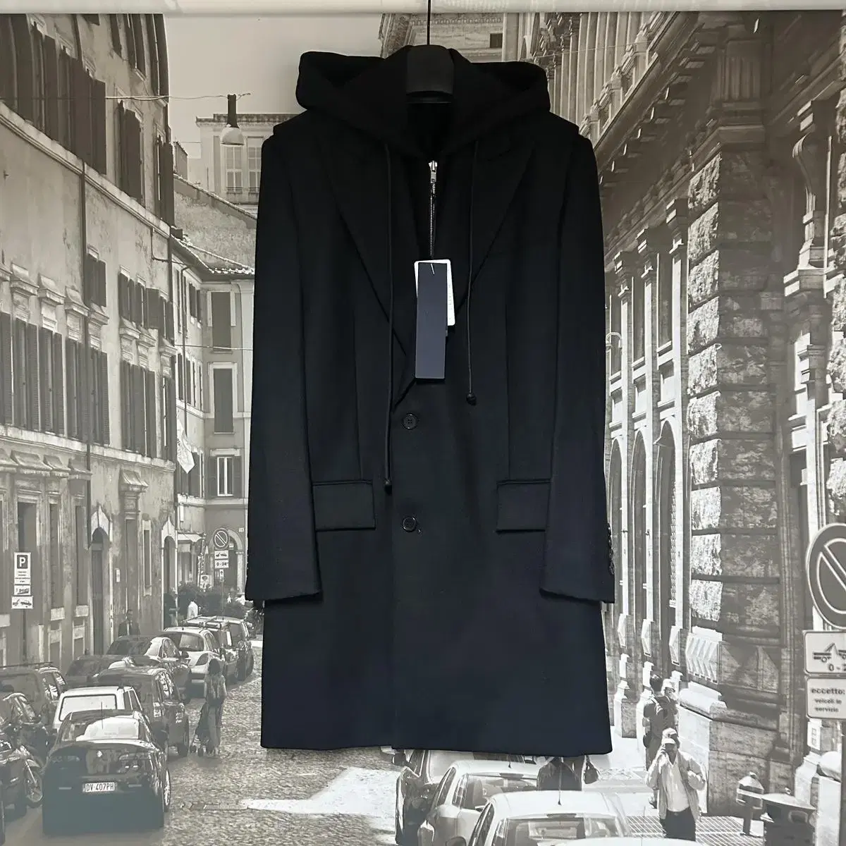 [44] JUUN.J Junji black wool over-the-shoulder hooded detachable coat