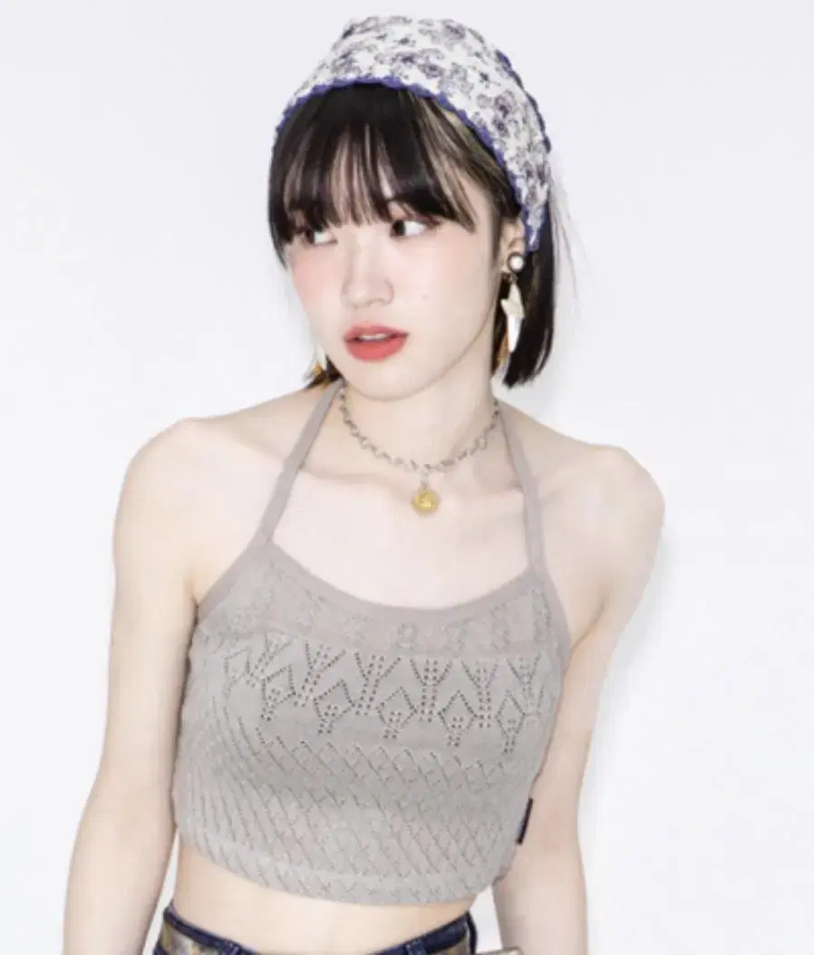 New Arrivals) Running high halter neck knit top beige M