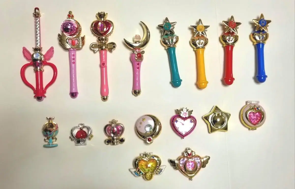 Sailor Moon merchandise (gacha sticks, water domes, compact mirrors)