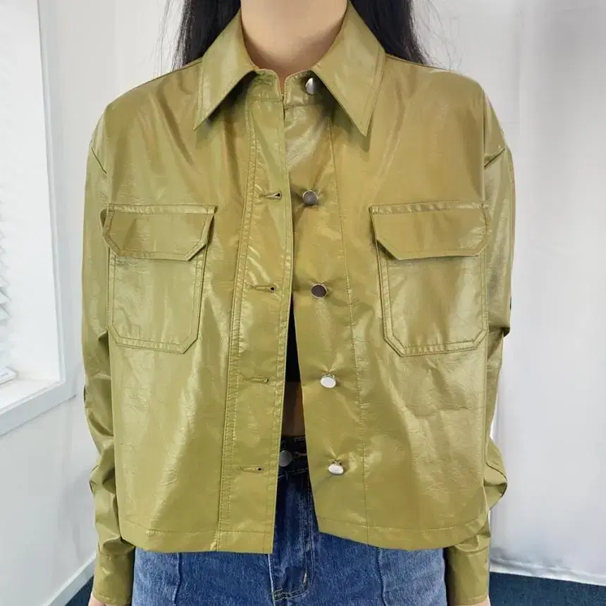 Olive leather cropped jacket