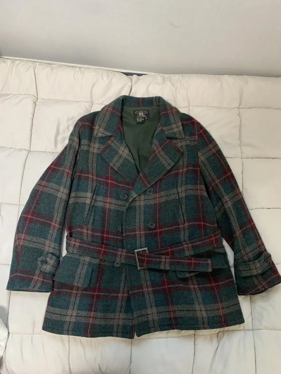 RRL wool check pea coat in double l