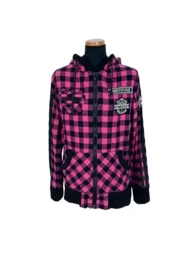 Pink check punk detail hooded zip-up vintage gilet