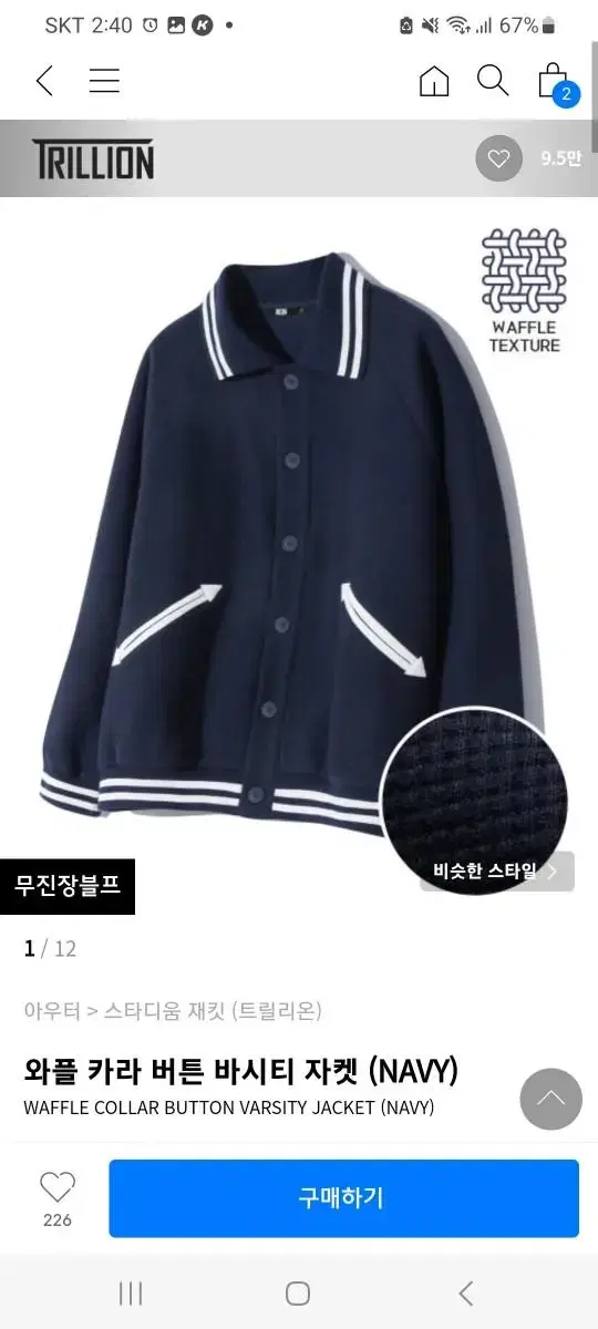 Trillion Waffle Cara Button Varsity Jacket Navy