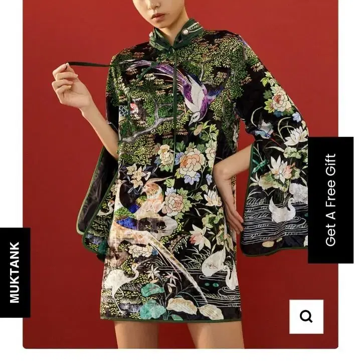 중국 패션브랜드 MUKZIN Floral Print 벨벳 치파오 청삼