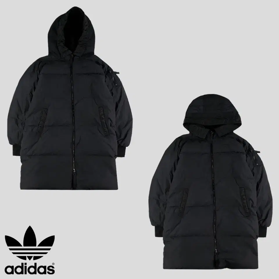 Adidas Black Tonal Trefoil Duck Duck Down Puffer Jacket Long Bomber Jacket L