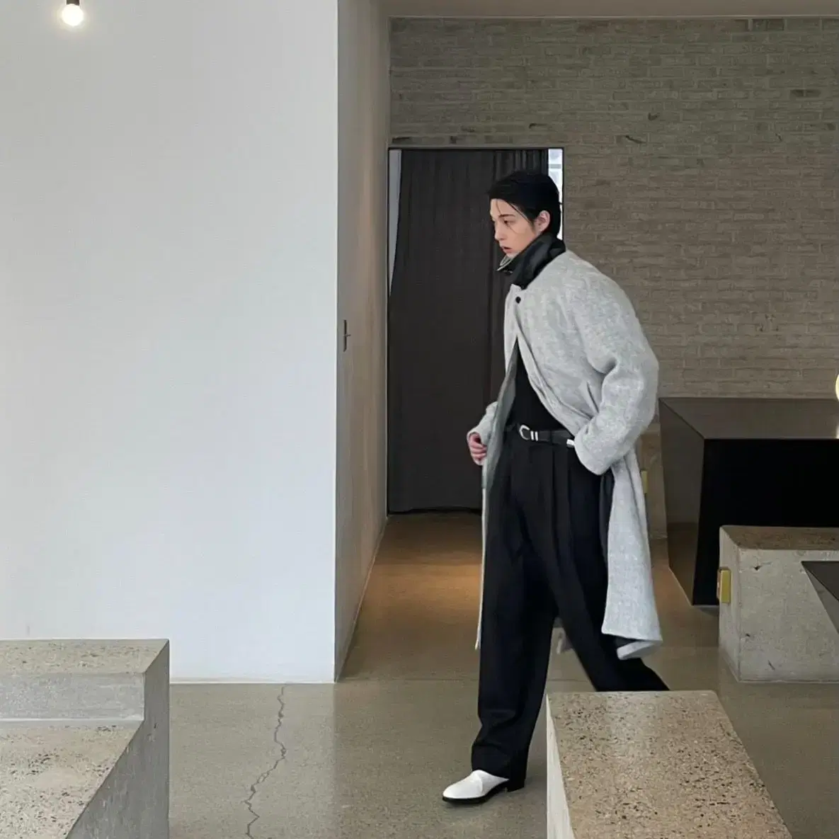 남자 카라 레더 모헤어 울 롱코트 가죽 누빔 120cm coat