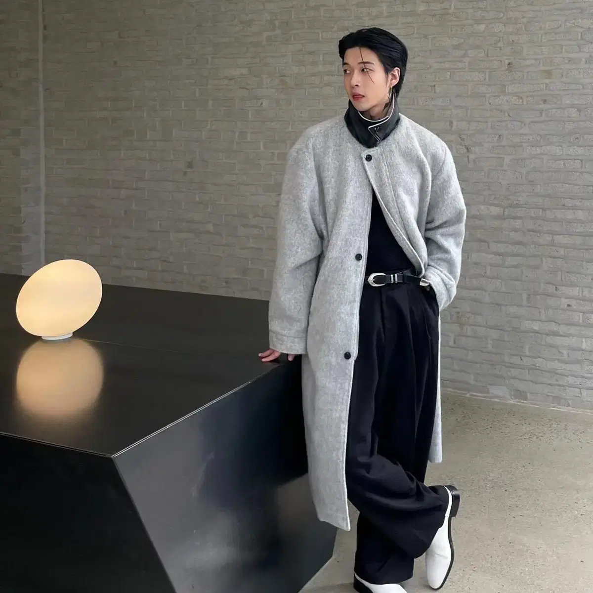 남자 카라 레더 모헤어 울 롱코트 가죽 누빔 120cm coat