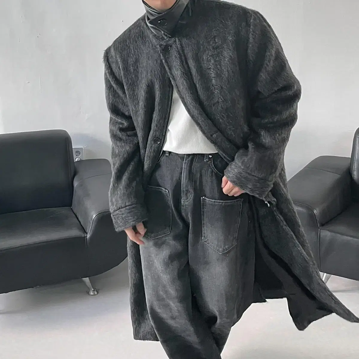 남자 카라 레더 모헤어 울 롱코트 가죽 누빔 120cm coat