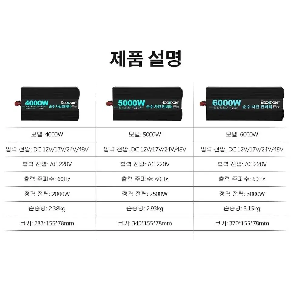 새제품 KC인증 정격용량 3kw 인버터 순수사인파 60hz 피크6kw