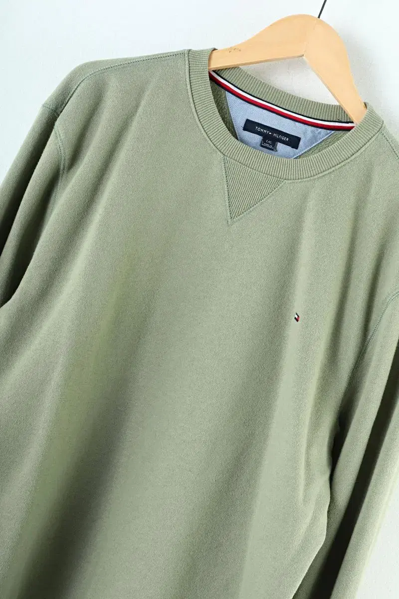 (L) Tommy Hilfiger Man-To-Man T-Shirt Lime Green Pastel Cotton Basic-96E6